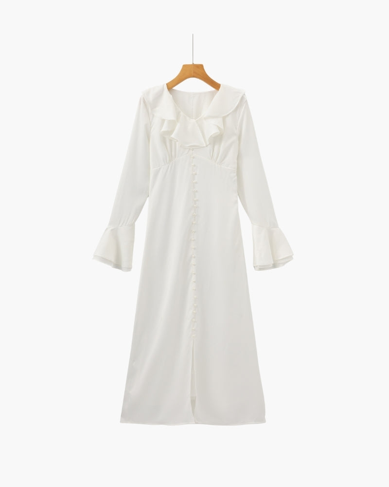 Robe Midi à Volants et Boutons Perles